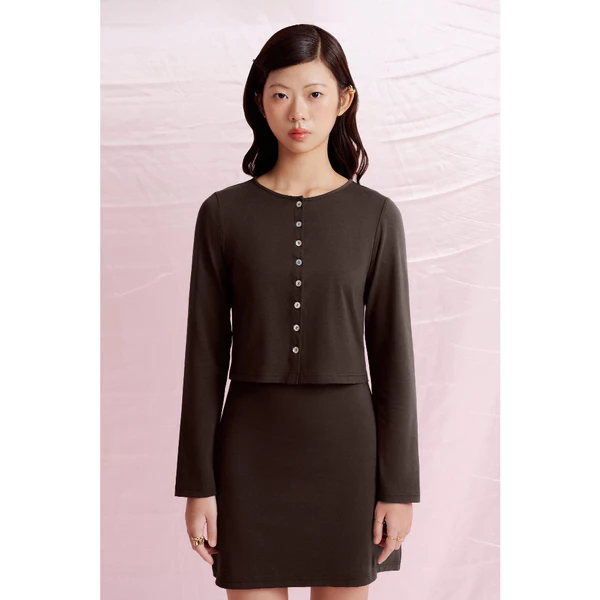 LIBÉ WORKSHOP - Áo cardigan tay dài dáng lửng màu nâu 7416