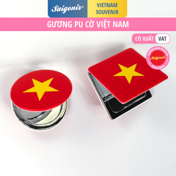 Gương gấp bọc da PU cao cấp in hình lá cờ đỏ sao vàng Việt Nam Hình Tròn và Vuông