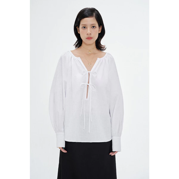 LIBÉ WORKSHOP - Áo linen kiểu tay dài thắt nơ dáng suông màu trắng 7480