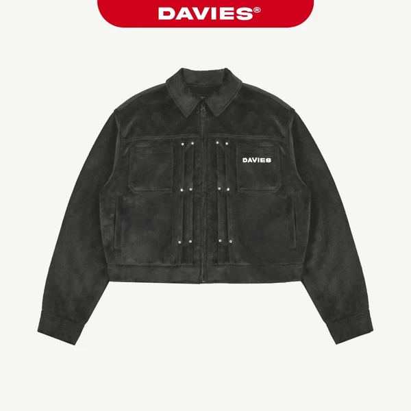 Áo khoác nỉ lông form ngắn nam nữ DAVIES hình thêu da phối hoạ tiết đính nút bạc màu đen Skirmish Jacket |D-AK21-NI