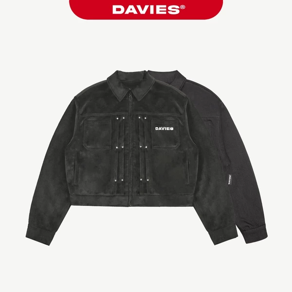 Áo khoác croptop nam nữ chất kaki DAVIES hoạ tiết hình thêu da đính nút kim loại cổ bẻ màu đen Skirmish Jacket | D-AK21