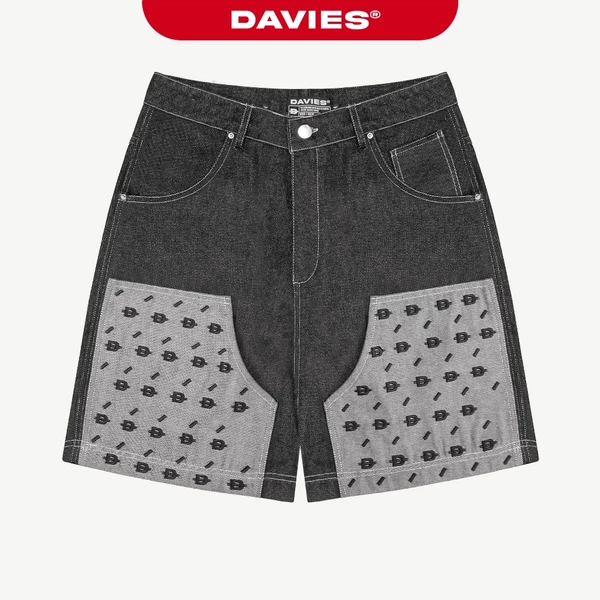 Quần jean lửng nam nữ ống rộng DAVIES hoạ tiết thêu monogram viền chỉ nổi cạp thấp màu đen Monogram Denim Short | D-Q15