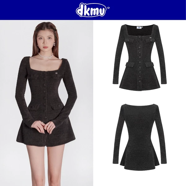 Đầm đen tiểu thư dài tay xoè nhẹ DKMV cổ vuông đính nút bọc vải phối nắp túi chất len lông thỏ Claire Dress | K-D50-D