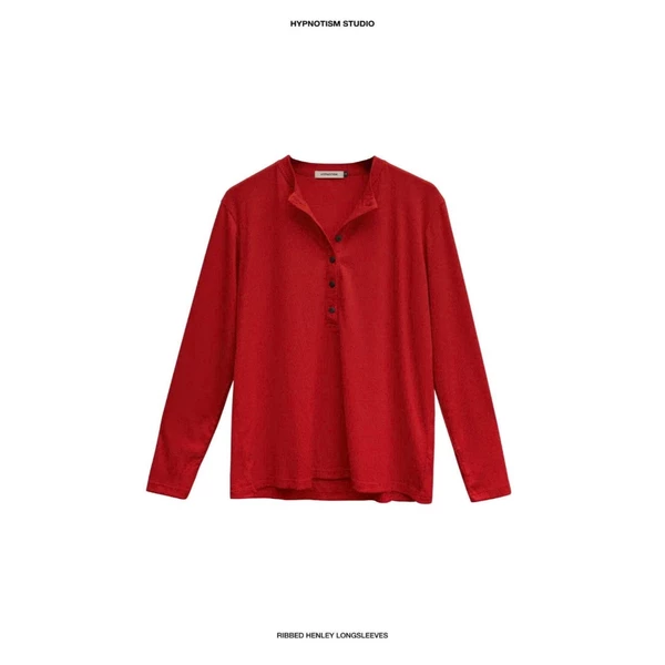 HYPNOTISM | RIBBED HENLEY in Red - Áo thun gân unisex tay dài