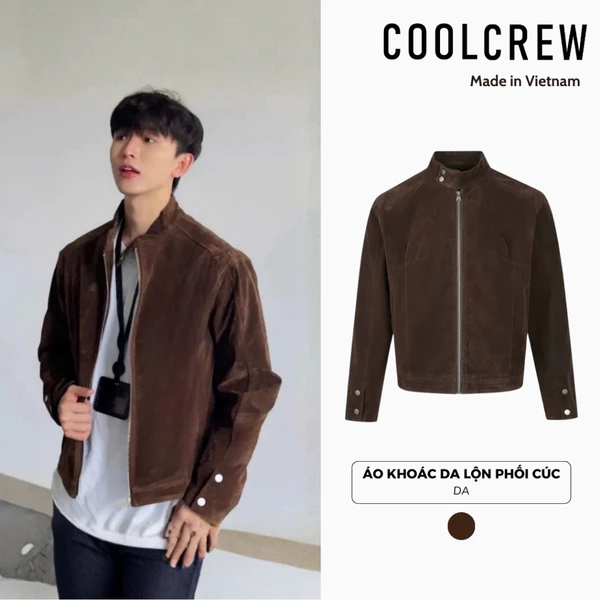 Áo Khoác Da Lộn Phối Cúc 𝐂𝐎𝐎𝐋𝐂𝐑𝐄𝐖 Màu Nâu Cổ Trụ Khóa Kéo Dáng Ngắn Unisex Nam Nữ Phong Cách Hàn Quốc AKD087