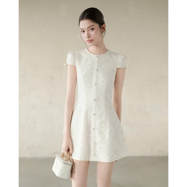 RUBIES London Dress - Đầm Ngắn Nữ Vải Ren Hoa Dáng Chữ A Tay Ngắn Cổ Tròn
