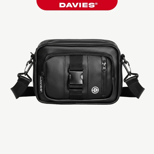 Túi da đeo chéo nam nữ hiphop DAVIES nhiều ngăn kéo tiện dụng phối khoá cài màu đen Signature D-Pocket | D-B71
