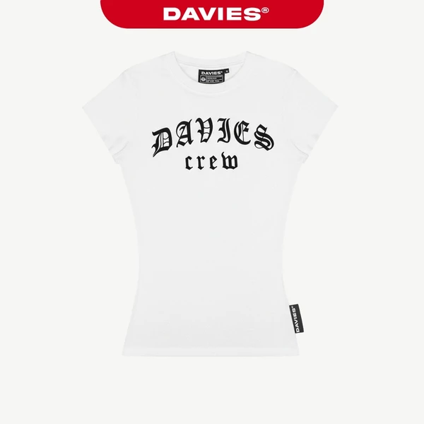 Áo thun nữ form ôm body dáng dài DAVIES cổ tròn thiết kế hình in chữ thun rip lụa màu trắng Gothic Crew Top | D-T47-T