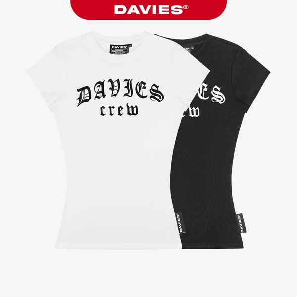 Áo thun nữ ôm body dáng dài DAVIES tay ngắn cổ tròn hình in chữ sắc nét thun rip lụa mềm mại Gothic Crew Top | D-T47