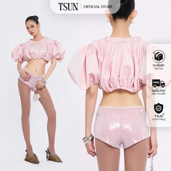 TSUN - Elara Top Áo Croptop Tay Phồng Công Chúa Pastel Pink Cá Tính Sang Chảnh