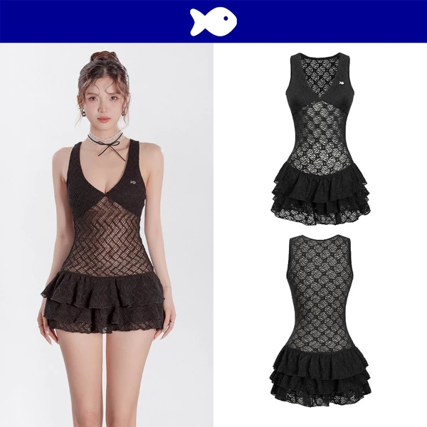 Đầm ren nữ ngắn dáng xòe xếp tầng DKMV cổ tim xuyên thấu nịnh dáng đáng yêu Jia Dress| K-D23