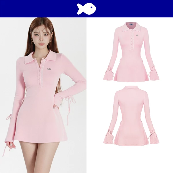 Đầm dài tay dáng ngắn cổ polo DKMV tay loe thắt nơ điệu đà hàng cúc phối ren tinh tế màu hồng Jina Dress | K-D39-H