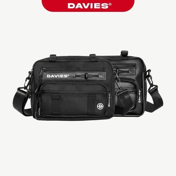Túi đeo chéo hiphop nam nữ DAVIES chất liệu da, canvas nhiều ngăn kéo phối khoá bấm bền chắc màu đen Cyber-Core Pocket