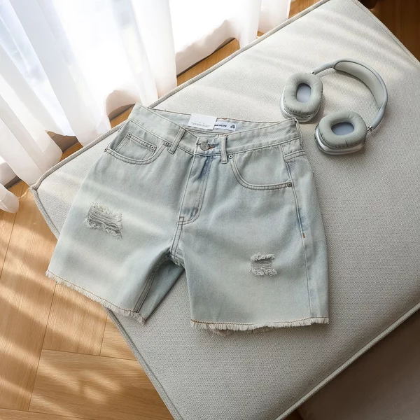 [N] Quần Short Straight Jean Distress Bright Wash V1 Cotton Thoáng Mát Năng Động Phóng Khoáng, QS0127 SOME HOW STORE