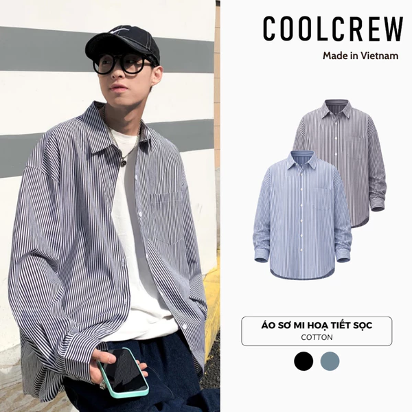 Áo Sơ Mi Dài Tay 𝐂𝐎𝐎𝐋𝐂𝐑𝐄𝐖 Cotton Mỏng Unisex Form Rộng, Họa Tiết Kẻ Sọc Phong Cách Đơn Giản