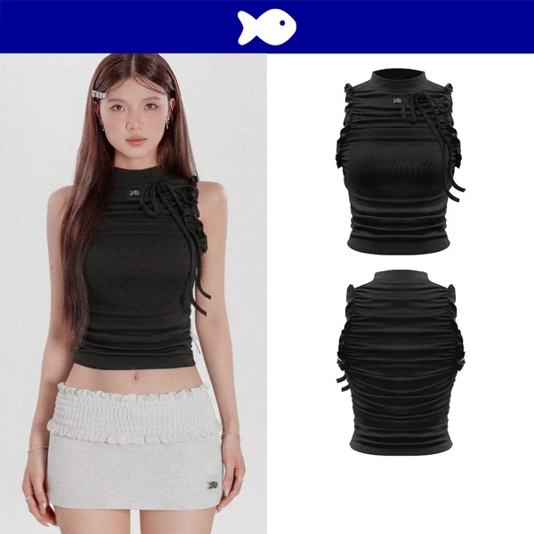 Áo ba lỗ nữ croptop họa tiết nhún bèo DKMV cổ cao ôm dáng thắt nơ xinh màu đen thiết kế logo inox Cá Kansai Top| K-T19-D