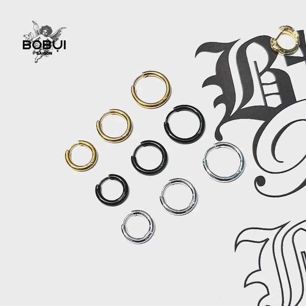 Khuyên Tai Tròn Kim Loại Basic Silver Vàng Đen 12-14-16mm