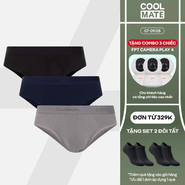 [TẶNG COMBO TẤT ĐƠN 329K]Combo 3 quần lót sịp tam giác Cotton đen, xám, xanh ghi Coolmate TGDXXg