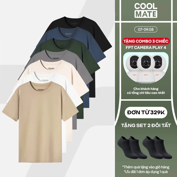 [TẶNG COMBO TẤT ĐƠN 329K]Áo thun nam TShirt Basic Cotton 100% 220gsm dày dặn mềm mại Coolmate
