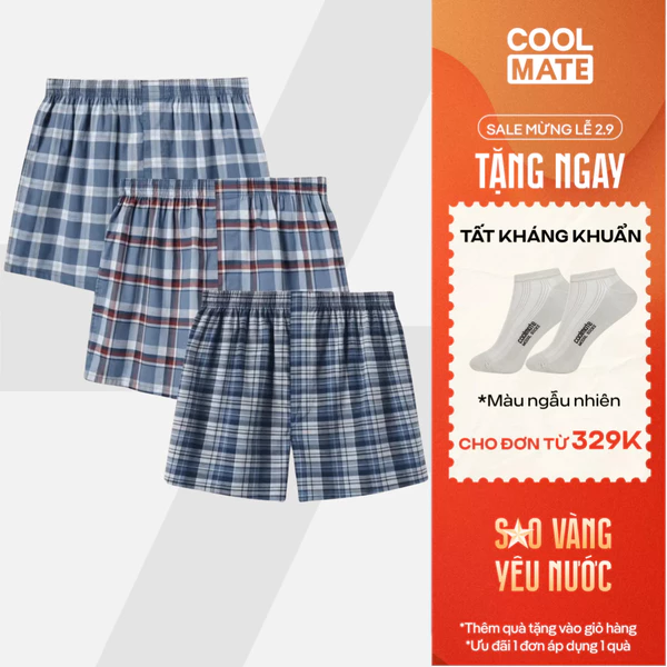 [TẶNG TẤT ĐƠN 329K]Combo Pack 3 quần mặc nhà Boxer short Coolmate basics kẻ sọc [MÀU NGẪU NHIÊN]