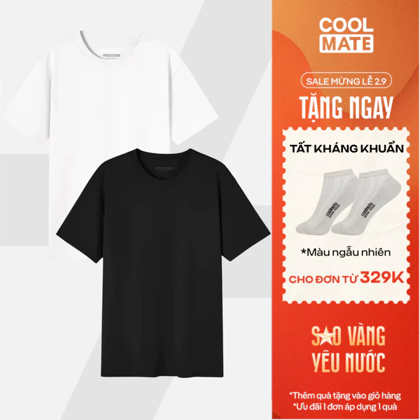 [TẶNG TẤT ĐƠN 329K]Combo 2 Áo thun nam TShirt Basic Cotton 100% 220gsm dày dặn, mềm mại, thấm hút tốt Coolmate