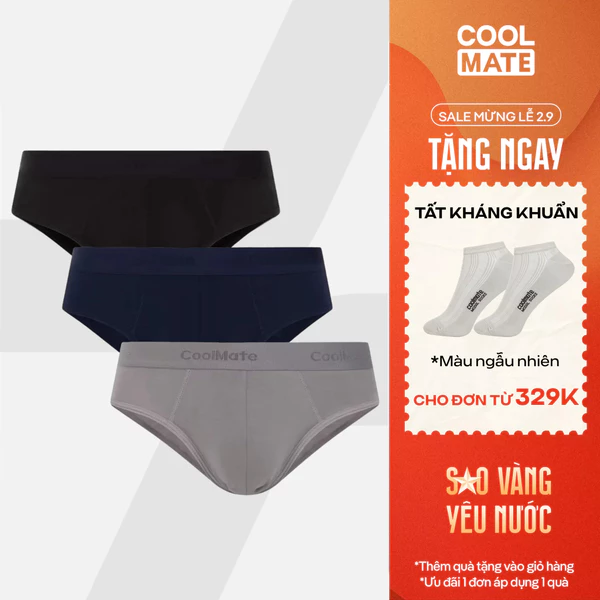 [TẶNG TẤT ĐƠN 329K]Combo 3 quần lót sịp tam giác Cotton đen, xám, xanh ghi Coolmate TGDXXg