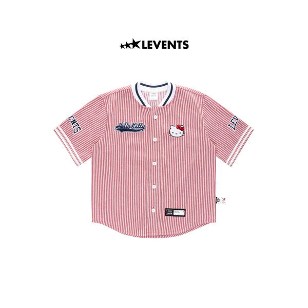 Levents® x Hello Kitty | Áo Striped Baseball Jersey/ Red Poly Pha Cotton Cứng Cáp