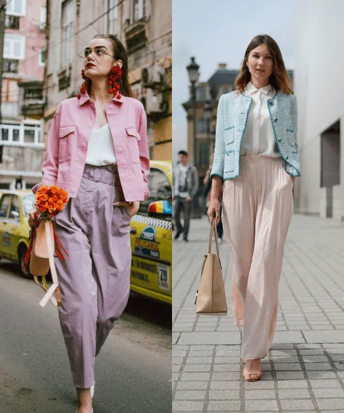 Hồng và trắng là sự kết hợp màu sắc hoàn hảo cho trang phục công sở. Đừng quên tạo điểm nhấn cho vẻ ngoài của bạn bằng các phụ kiện như vòng cổ, hoa tai và túi xách.