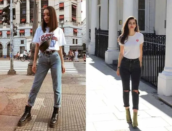 Outfit boot phối với áo phông và quần jean
