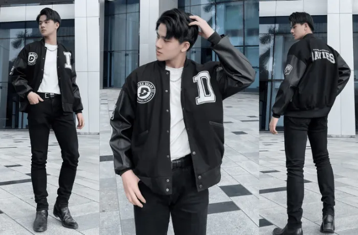 Đối với phong cách học đường, bạn sẽ kết hợp Varsity Jacket với áo thun cổ tròn và quần chinos. 