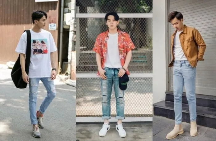 Áo thun và quần jean là hai món đồ không thể thiếu của các chàng trai