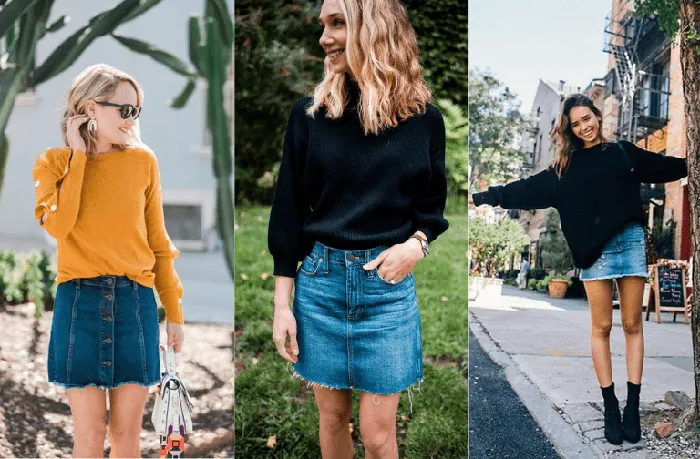 Mix chân váy jean với áo sweater