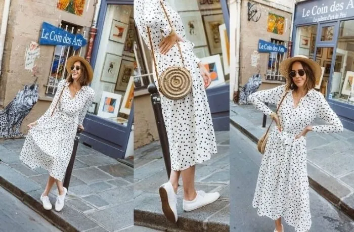 Váy chấm bi tròn kết hợp giày Sneaker.