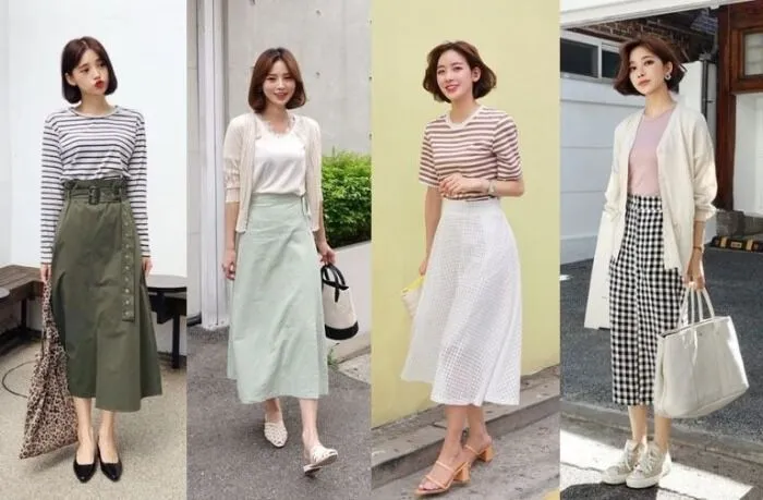 Chân váy Midi kết hợp với áo thun nữ không cổ sẽ tạo nên sét đồ ngọt ngào