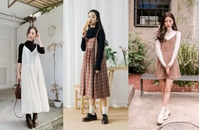 Phối váy hai dây kẻ ô với áo len cổ lọ
