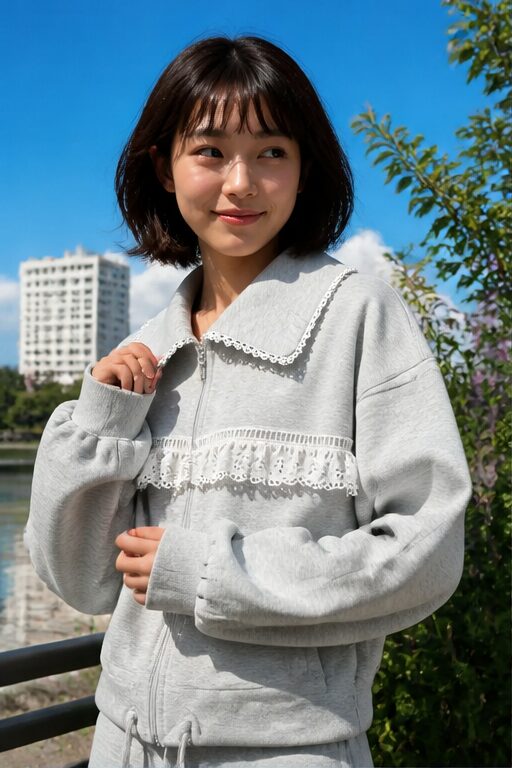 áo khoác xám cotton, cổ bèo ren, khuy cài.