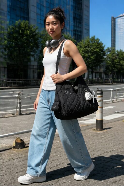 túi đeo chéo đen vải chần, túi hộp, thêu chữ, áo ba lỗ trắng, quần jeans ống rộng.