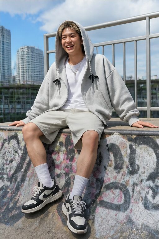 áo hoodie xám cotton, có mũ, khoá kéo, túi hộp, quần short, giày thể thao.