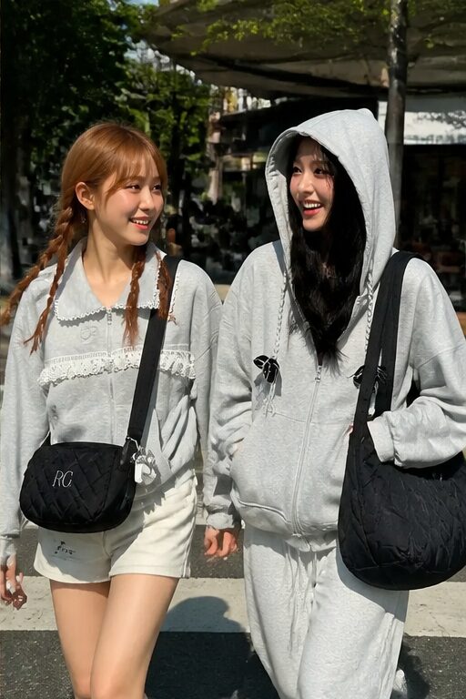 túi đeo chéo đen vải chần, túi hộp, thêu chữ; áo hoodie xám cotton, có mũ, khoá kéo.