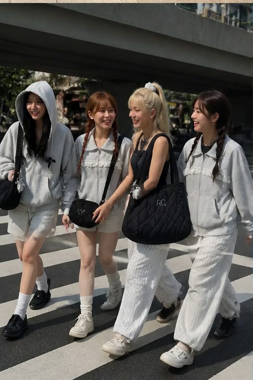 túi tote đen vải chần, túi hộp, thêu chữ; áo khoác xám cotton, cổ bèo ren, khuy cài.