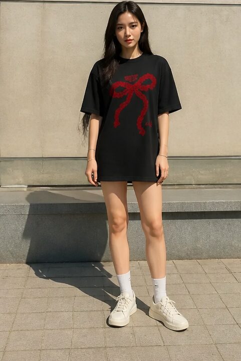Áo thun tay ngắn màu đen, vải cotton, in hình nơ đỏ.
