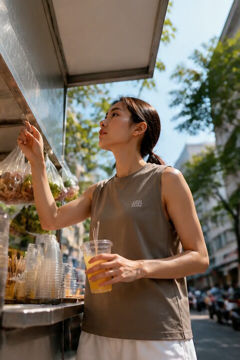 Áo ba lỗ màu nâu, vải thể thao, không có chi tiết.