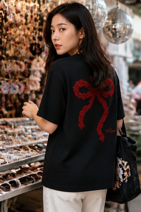Áo thun tay ngắn màu đen, vải cotton, in hình nơ đỏ.