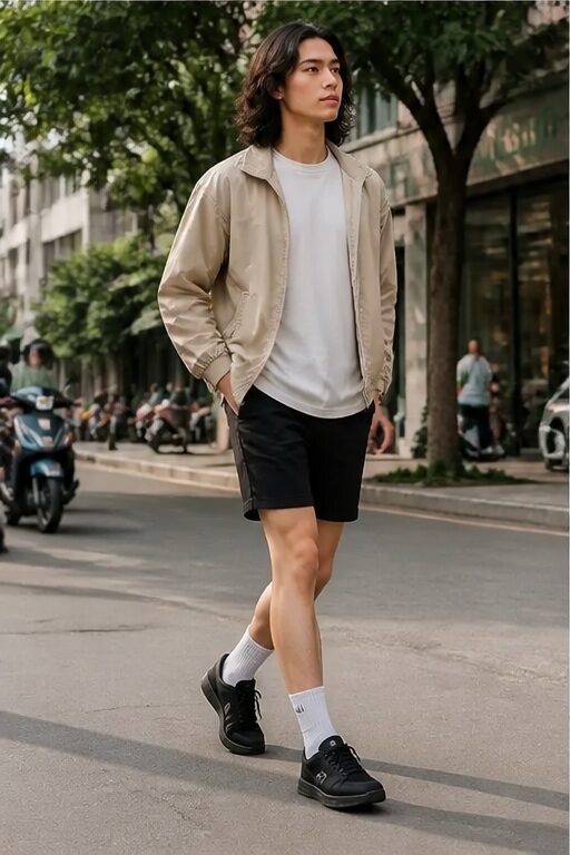 áo khoác kaki màu be, áo thun trắng, quần short đen, giày sneaker đen.