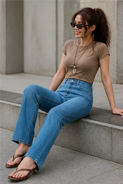 áo thun màu nâu, quần jeans xanh, dép xỏ ngón.