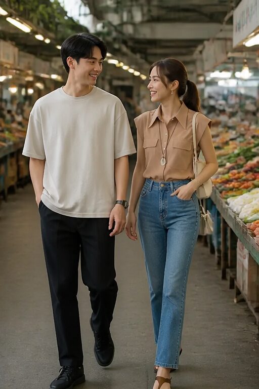 áo thun trắng, quần đen, giày đen.