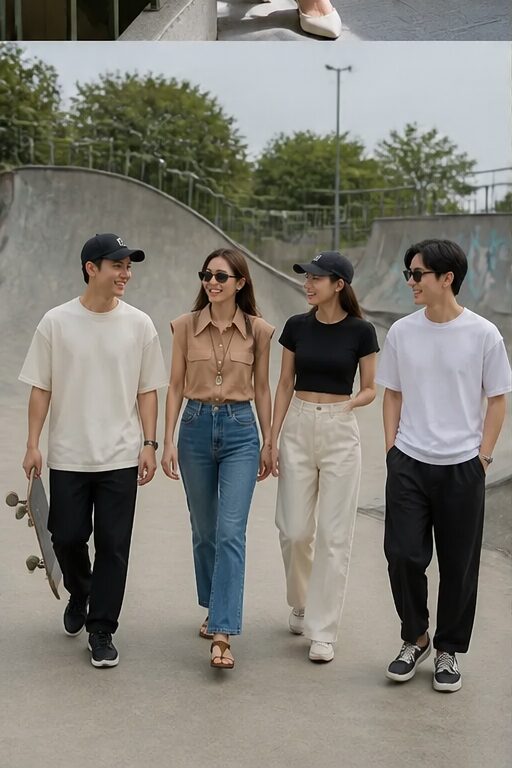 áo thun trắng, quần đen, giày đen, ván trượt. áo sơ mi nâu, quần jeans xanh, dép xỏ ngón nâu. áo thun đen