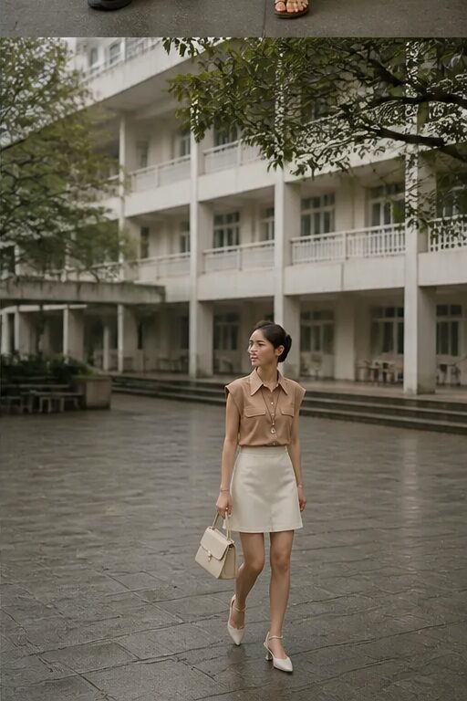 áo sơ mi nâu, vải cotton, không tay, có túi, chân váy trắng, giày cao gót trắng, túi xách trắng.