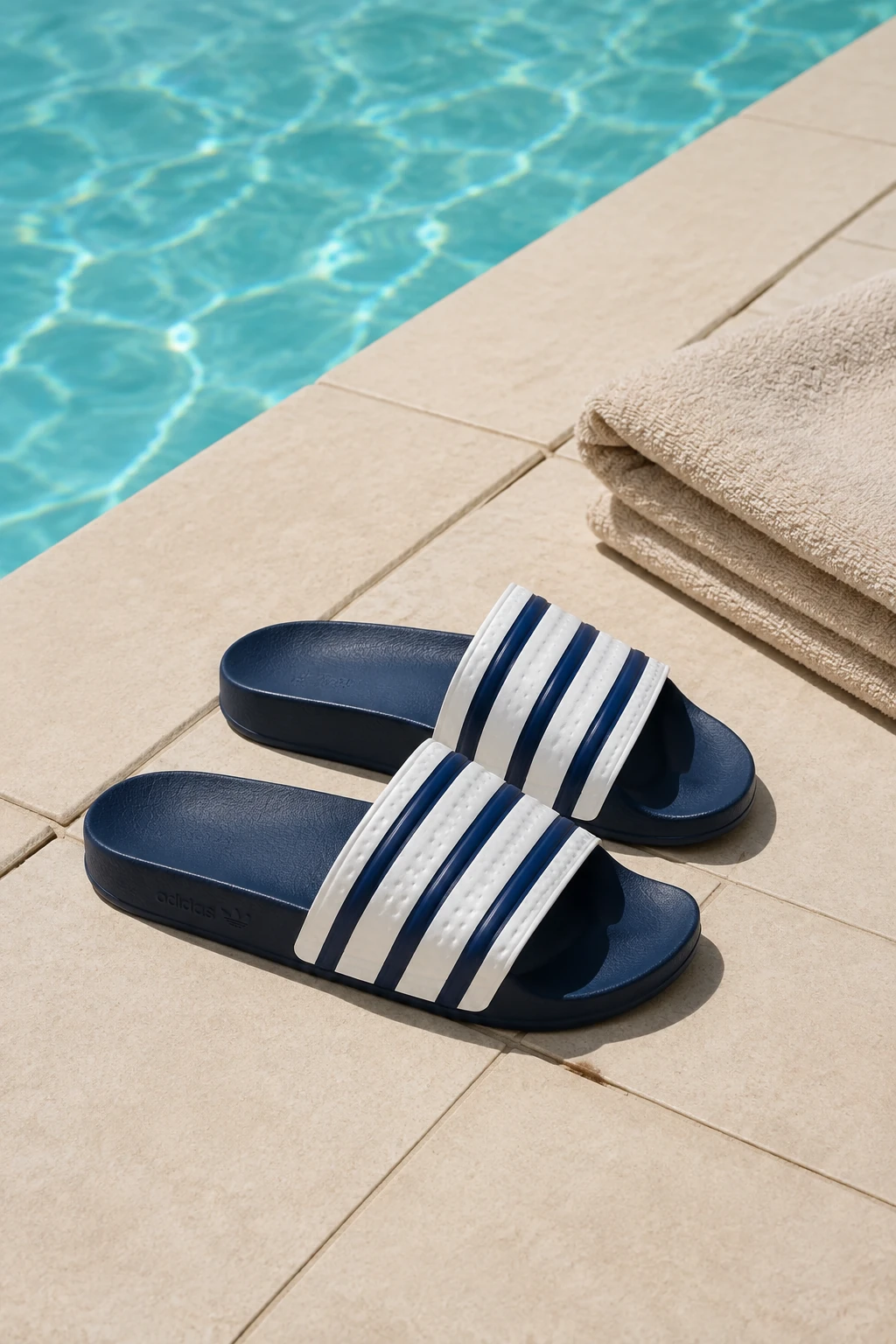 adidas Adilette G16220 xanh navy trắng cạnh khăn trên nền gạch hồ bơi