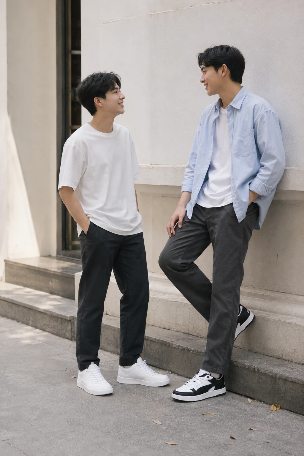 Biti’s Basic trắng và PUMA Dribble đen trắng trong hai bộ đồ thường ngày